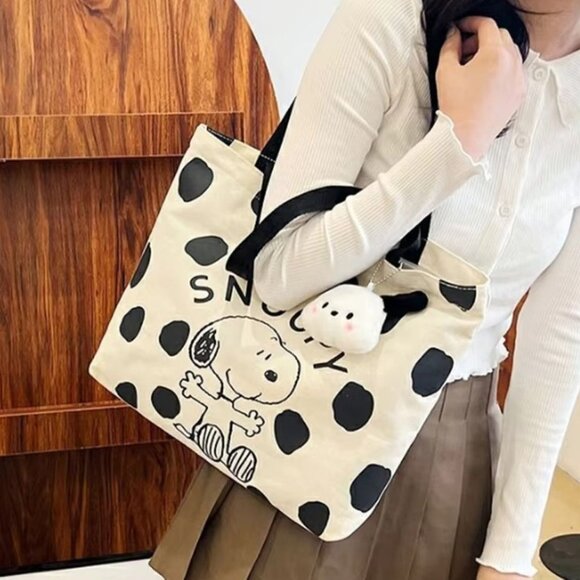 Snoopy Canvas Tote Bag Polka Dot White Shopping Bag 15x12 With Plush Charm - Picture 3 of 8